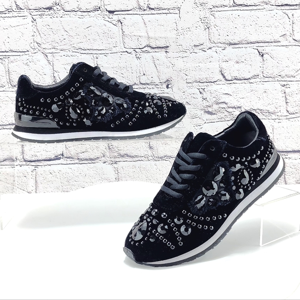 TORY BURCH SCARLETT RUNNER - Sneakers, velvet, embellishment, black, size 5